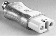 High Temperature European Plug-DIN 49490 straight connector body with porcelain terminal base and metal shell with compression cord grip. Rated 25 ampere 380 volt AC. 2 pole 3 wire. Good to 200*C continuous & 300*C short term. 